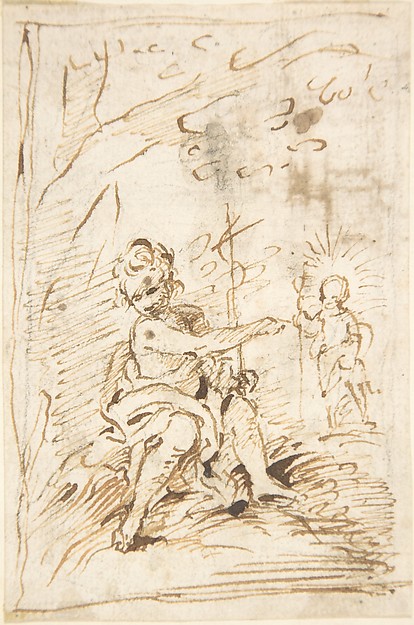 The Infant Saint John the Baptist with the Infant Christ in the Wilderness (recto); Fragment of Architectural Design with Engaged Corinthian Columns (verso) by Pedro  Duque Cornejo