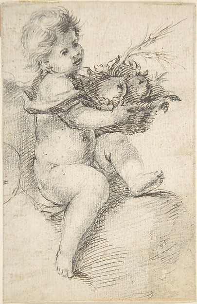 Seated Putto Holding a Basket of Fruit