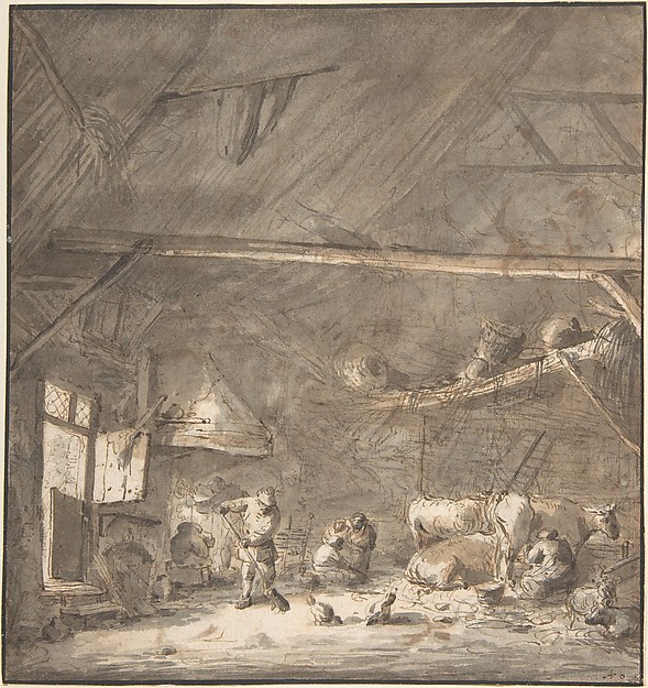 Barn Interior with Peasants and Cows (recto); Six Studies of Peasants (verso)