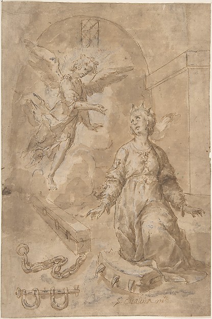 An Angel Appearing to Saint Catherine of Alexandria in Prison (recto); Volute (verso) by Anonymous, Spanish, School of Seville, 17th century