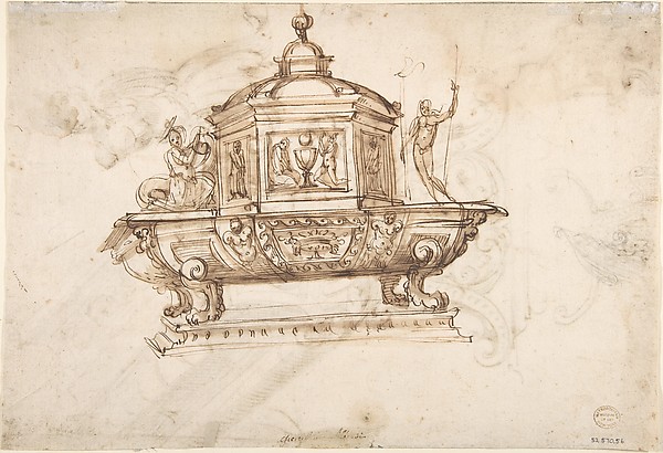 Design for a Liturgical Object with Statues of a Kneeling Saint and the Risen Christ (recto); Design for a Sepulcher (?) and Drawing of a Putto (verso) by Anonymous, Italian, 18th or early 19th century