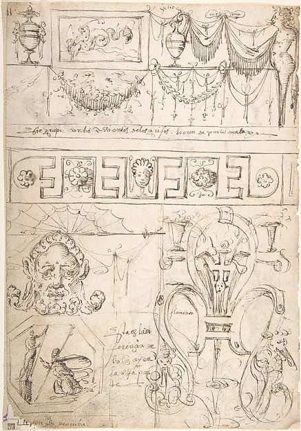 Three sections (recto); uppermost with a Term and garlands; middle section geometric band; bottom section grotesques and strapwork; (verso) Term with a marine creature and putto