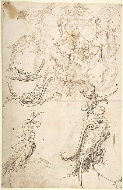Fantastical creatures, birds, and strapwork cartouche (recto); grotesque mask and kneeling priest (verso)