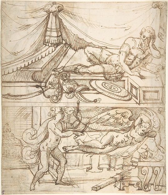 Two scenes; a reclining warrior above, sleeping cupid below (recto); grotesque niche with standing warrior (verso)