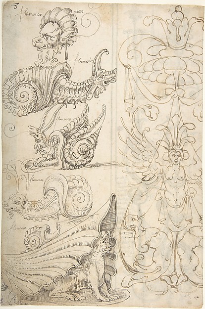 Flemish Grotesque Creatures and a Candelabra Grotesque (recto); Candelabra Grotesques with Mask (verso)