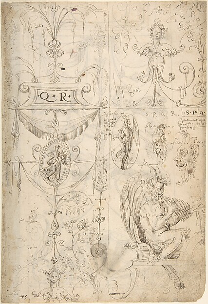 Grotesques Designs with Various Inscriptions (recto); Candelabra Grotesque and Two Putti Holding Flowers (verso)