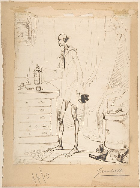 Man in a Nightshirt Reaching for a Bottle Labeled "Fountain of Youth"