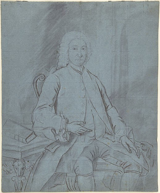 Three-Quarters-Length Portrait Study of a Man Seated at a Desk with a Dog