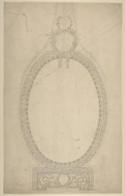 Design for a Girandole Mirror, an Oval Resting on an Oblong Base, Terminated by Two Superimposed Circular Frond-motifs, Topped with a Lion's Head from Which Hang Floral Swags and Pendants