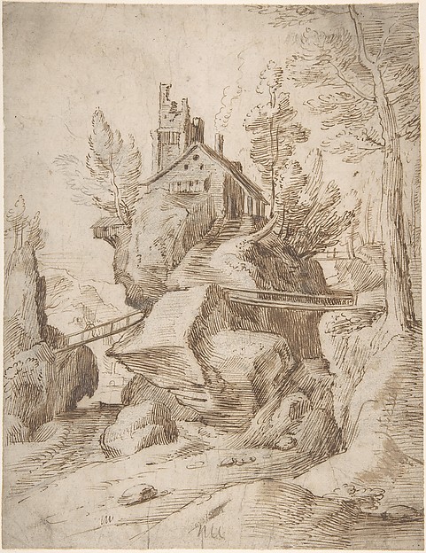 Fantastic Rocky Landscape with a Farmhouse and Three Foot Bridges