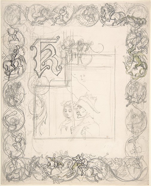 Border design with knights, ladies and dragons (recto); Sketches for border elements (verso)