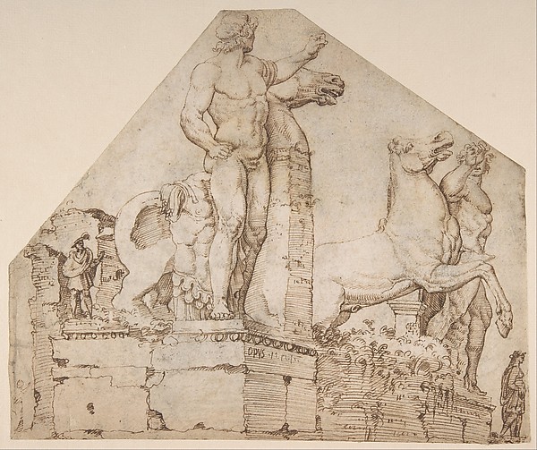 The Dioscuri on Monte Cavallo (recto); Study of a Spiral Staircase (verso)