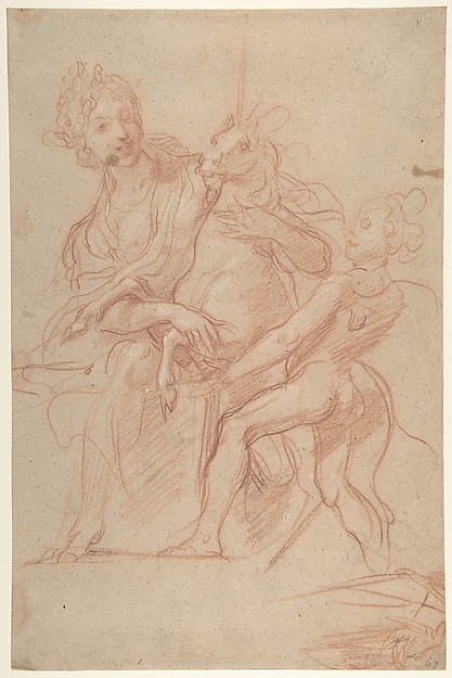 Allegorical Figure of Purity with a Unicorn and Putto (recto); Study of a Nude Boy (verso)