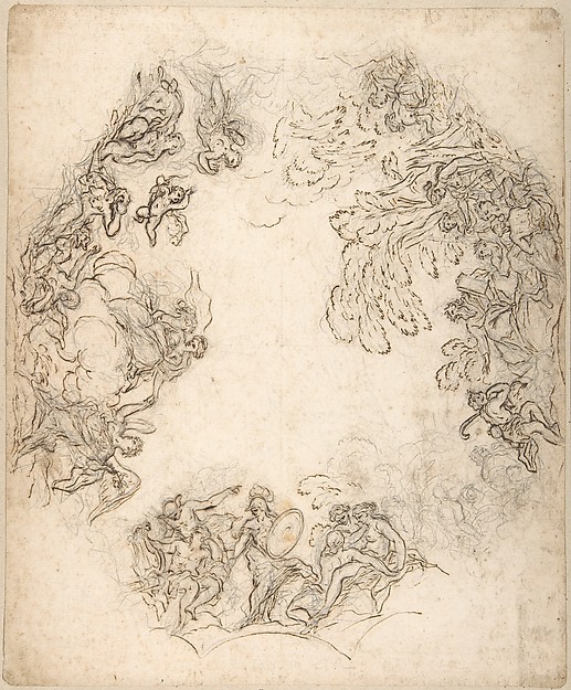 Design for a Ceiling Decoration: A Gathering of Mythological Figures (recto); Dancing Satyr and Two Seated Figures (verso)