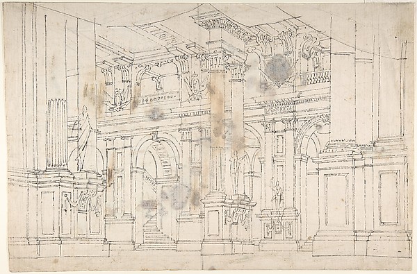 Outline Drawing: Stage Set Design for a Performance of "Iphigenia". Verso: Two Designs for Palace Interiors.