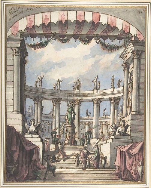 Design for a Stage Set: A Classical Courtyard and Colonnade with a Statue of Minerva