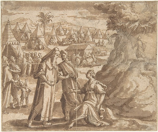 Aaron and Nadab Taking Leave of Elisheba (?), with the Israelites Camped before Mount Sinai and Moses Ascending the Mountain. by Adam van Noort
