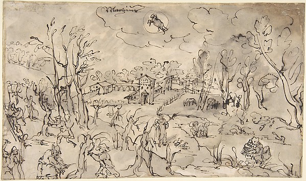 Landscape with Figures Trimming Trees, an Allegory of the Month of March; Verso: Mountainous Landscape with Two Men Crossing a Bridge