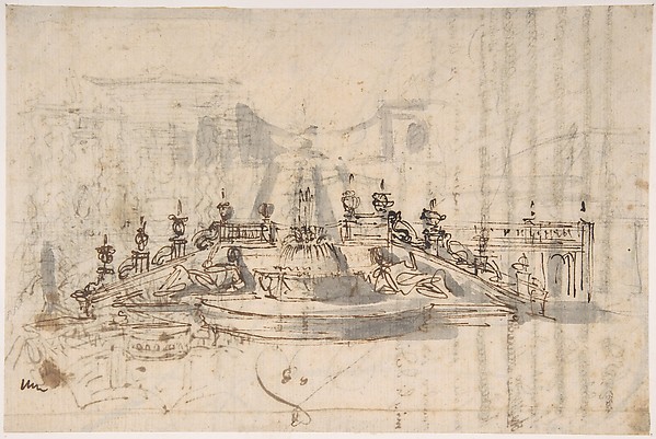 Manuscript page with a Project for a Fountain (recto) and Project and Plan for a Monumental Staircase (verso)