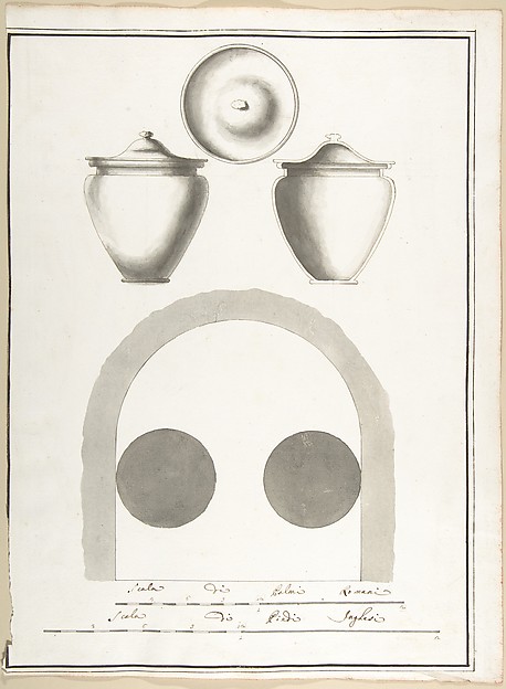 Plan of Niche in a Columbarium with a Section, Elevation and Top View of a Funerary Urn