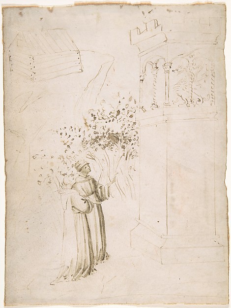 Two Monks Looking up at a Dragon in a Tower — Anonymous, Italian, Tuscan, early 15th century