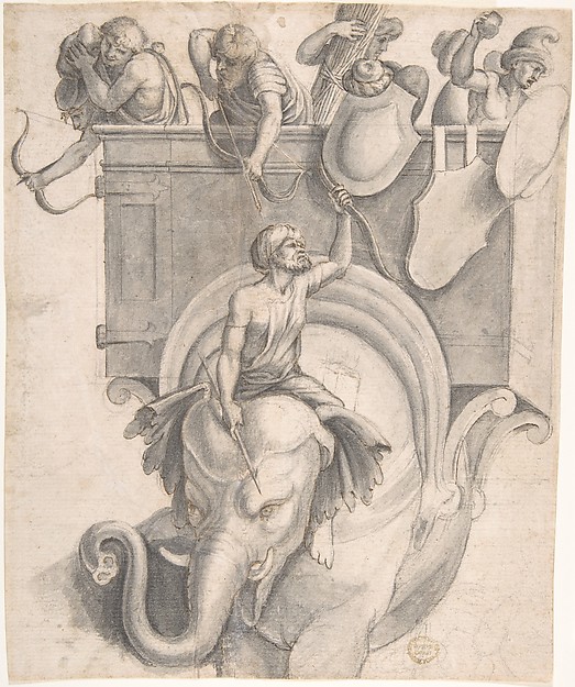 Battle Scene with Soldiers Mounted on an Elephant.