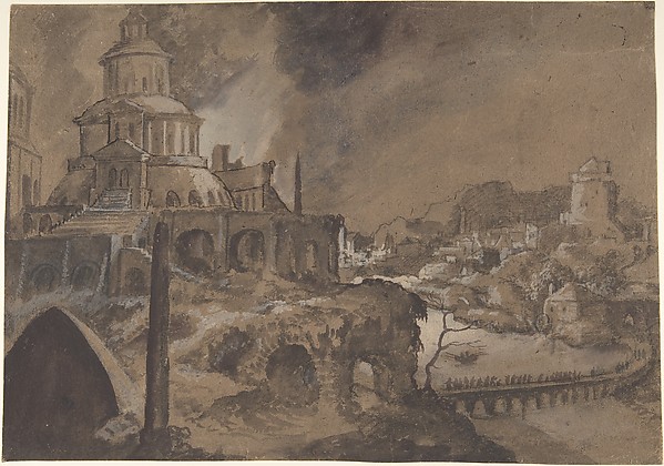 Fantastic Landscape with Figures Crossing a Bridge