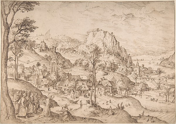 Panoramic Mountainous Estuary Landscape, with Christ and the Woman of Canaan by Lucas Gassel