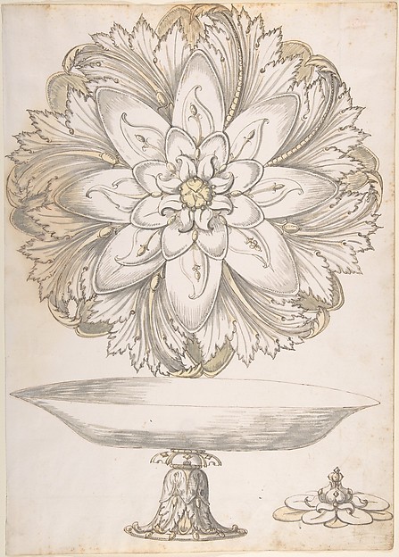 Design for Single Footed Dish with Cover Shaped like Flower and Foliage