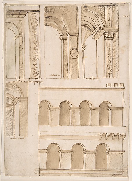 Architecture Study containing Details of One or Several Buildings (possibly part of the street-facing architecture of old Saint Peter's Square in Rome) by Anonymous, Italian, 16th century