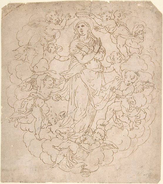 Assumption of the Virgin (recto); Figure Sketches (verso) by Anonymous, Italian, 16th century