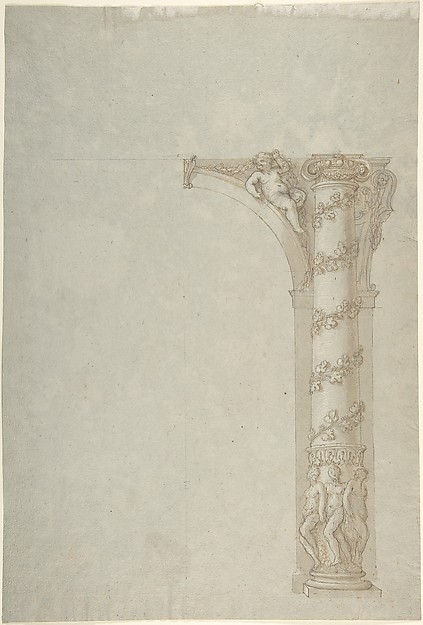 Design for the Bay of an Arcade with Female Figures at the Base and an Arch with a Putto in the Spandrel