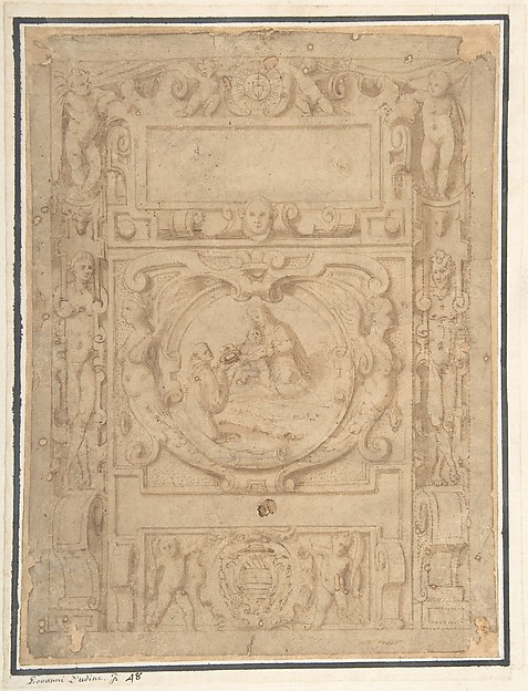 Design for a Cartouche with the "IHS" Monogram of the Society of Jesus, Putti, Fantastick Creatures, at the Borders, a Central Scene of the Virgin and Child with a Monastic Figure, and the Family Arms of a Cardinal by Anonymous, Italian, second half of the 16th century