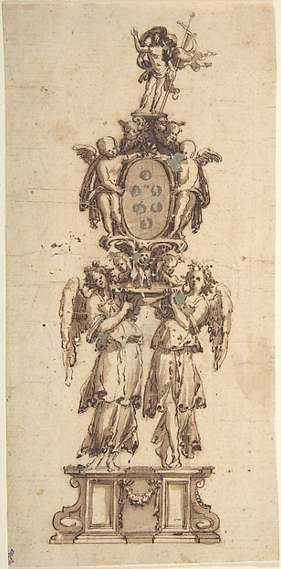 Design for a (Temporary?) Structure consisting of Two Angels carring the Medici Coat of Arms crowned by the Figure of Christ by Anonymous, Italian, 16th to early 17th century