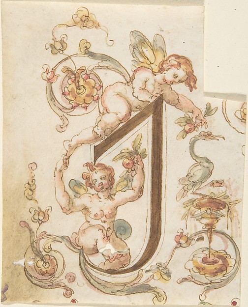 Decorative Letter "I" with Putti (Embroidery Design?)