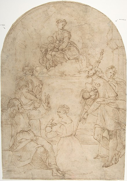 Saint Roch Recommending a Woman with a Sick Child to the Virgin (recto); Figure of a Man Holding a Book; Nude Figure of a Man (verso) by Anonymous, Italian, 16th century