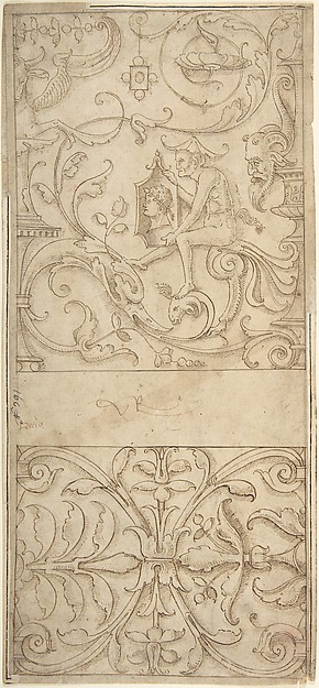 Antique-Style Ornamental Frieze Design: Grotteschi with Figures, Cornucopiae, and Shields.