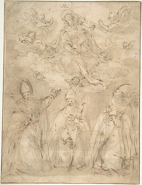 Virgin and Child Worshipped by Three Bishops by Anonymous, Italian, 16th century