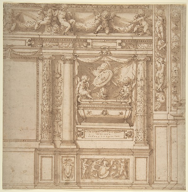 Design for Wall Decoration with a Funeral Monument Decorated with Columns and Putti Holding Garlands.