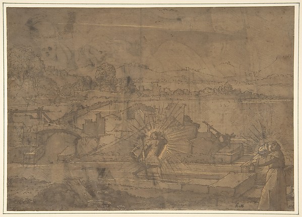 Landscape with Saint Christopher and Male Monastic Saint (recto); Victory Crowning a Warrior, and Two Other Figures (verso).