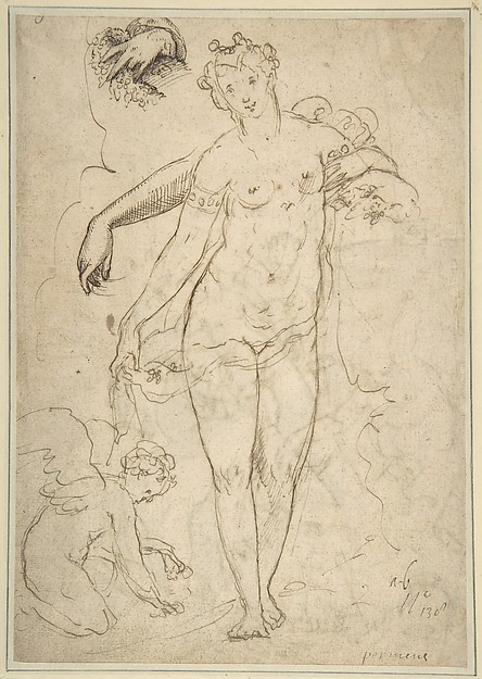 Standing Nude Female and Putto with Studies of a Hand and an Arm (recto); Satyrs destroying a Female Herm (verso)
