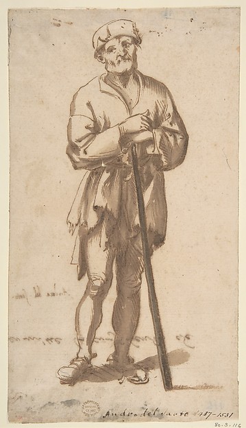 Standing Old Man in Frontal View Leaning On a Staff