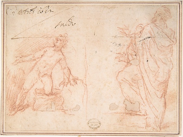 Two Figures: Nude Youth on One Knee, Man Standing with Left Foot Raised