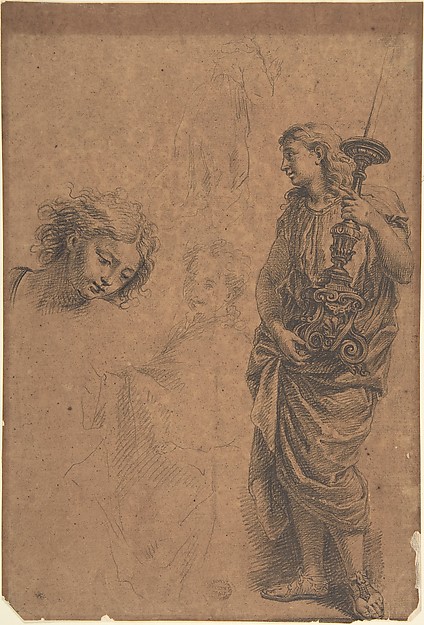 Studies: Figure Holding a Candlestand, Woman with Left Arm Extended, Head Looking Down towards the Right, Kneeling Woman