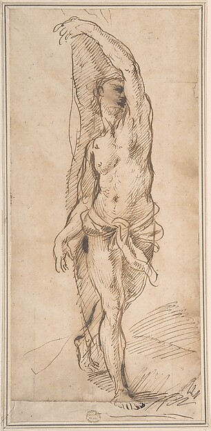 Nude Figure (Saint Sebastian?) by Anonymous, Italian, Roman-Bolognese, 17th century