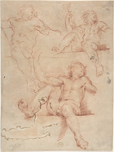 Three Studies of Seated Nude Male with Raised Arm, Seen from Below