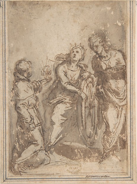 Saint Catherine Flanked by a Male and a Female Saint by Anonymous, Italian, Bolognese, 17th century