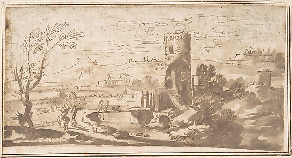 Landscape with Round Tower and Figures Crossing a Bridge