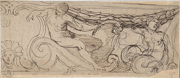 Design for a Frieze: A Nude Man, Sea Creature, a Garland and Volutes, Small head of Unicorn