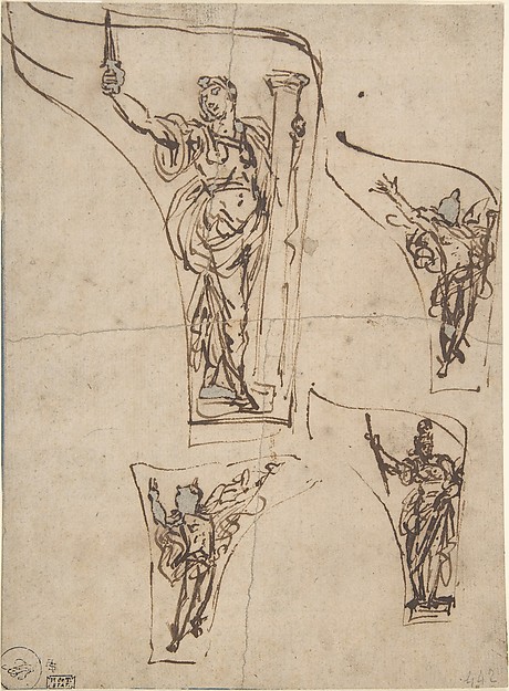 Studies for a Decorative Object (Banner or Pendentive?) Representing Allegorical Figures, One of Which Appears to Be Fortitude